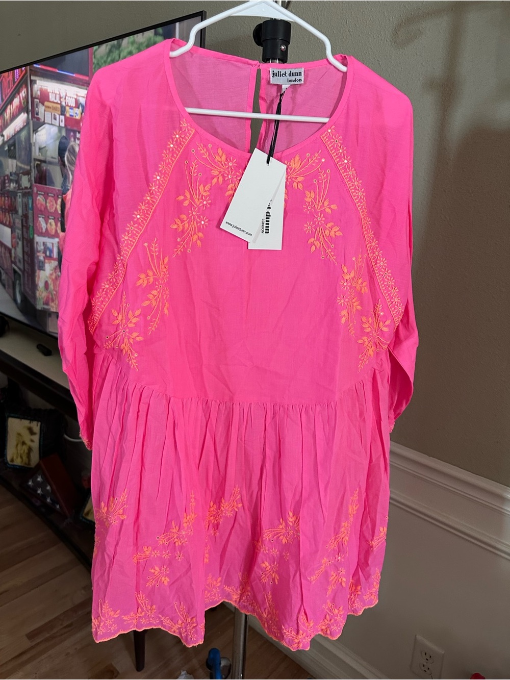 Juliet Dunn Hot Pink Dress with Yellow Floral Embroidery